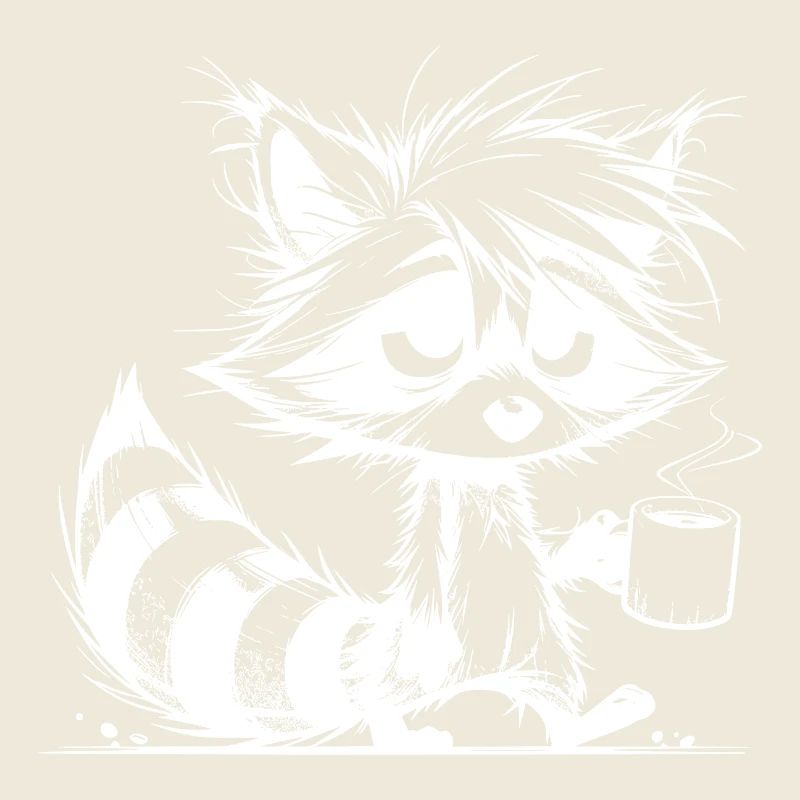 Sleepy tired raccoon with coffee cup