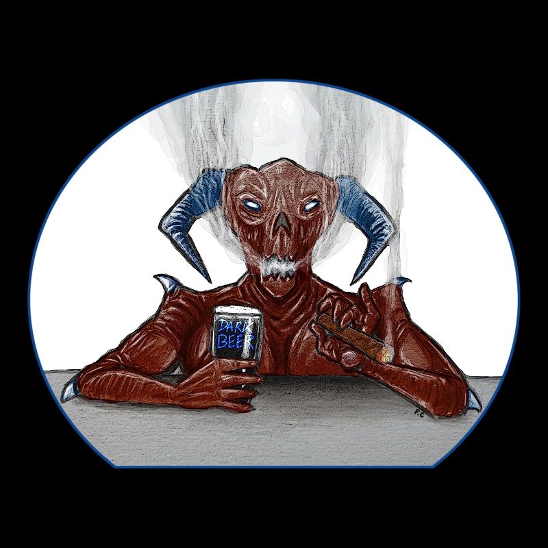 Dämon auf der Terrasse mit Bier und Zigarre