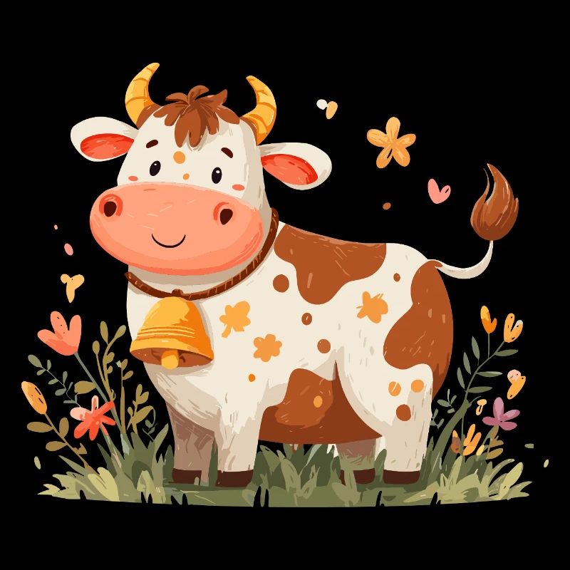 Vache avec clochette dans un champ de fleurs