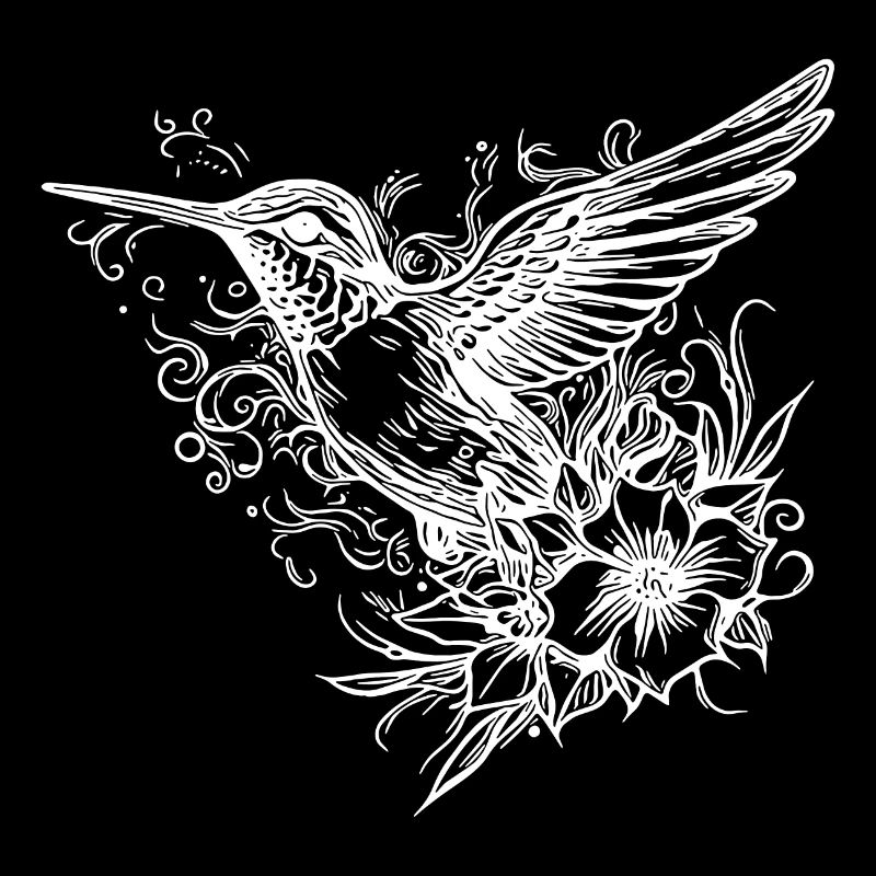 Tattoo Style Kolibri fliegend zwischen Blumen
