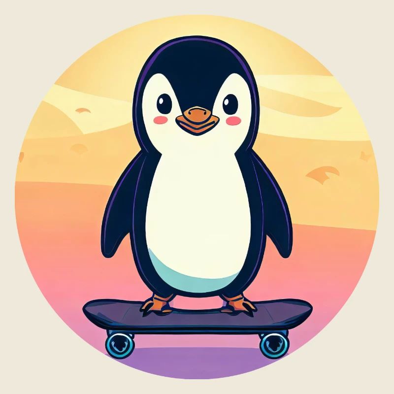 Pingouin mignon sur une planche à roulettes au coucher du soleil