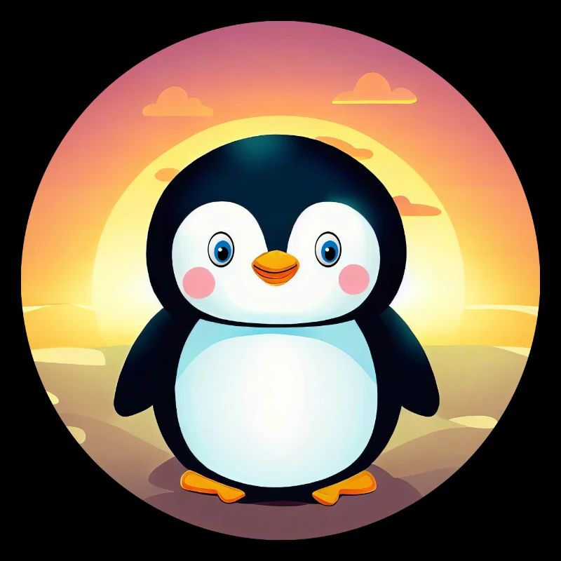 Pingouin mignon aux yeux bleus au coucher du soleil