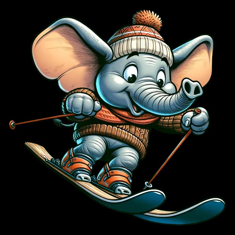 Cute elephant as skier in cartoon style