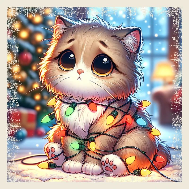 Cute Christmas Cat - Fairy Lights Chaos in the