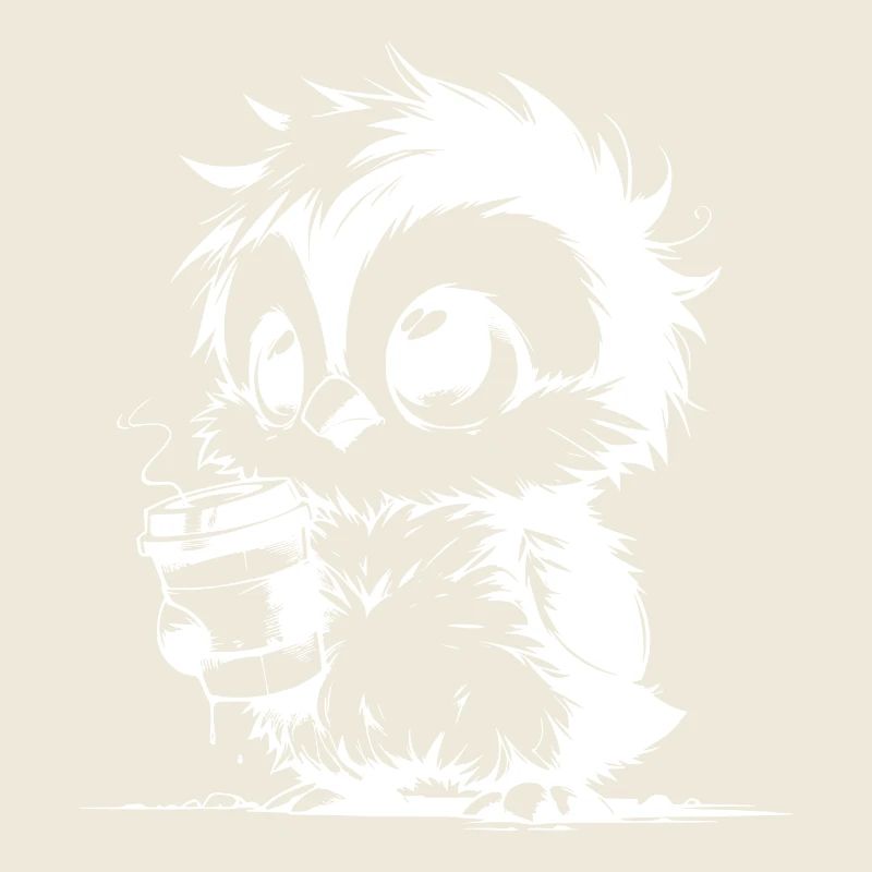 Kleine verwuschelte müder Eule mit Kaffee