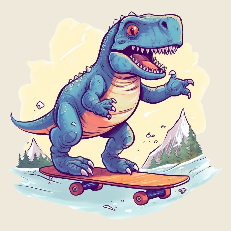 Dino T-Rex on Skateboard - Mountains and Valley