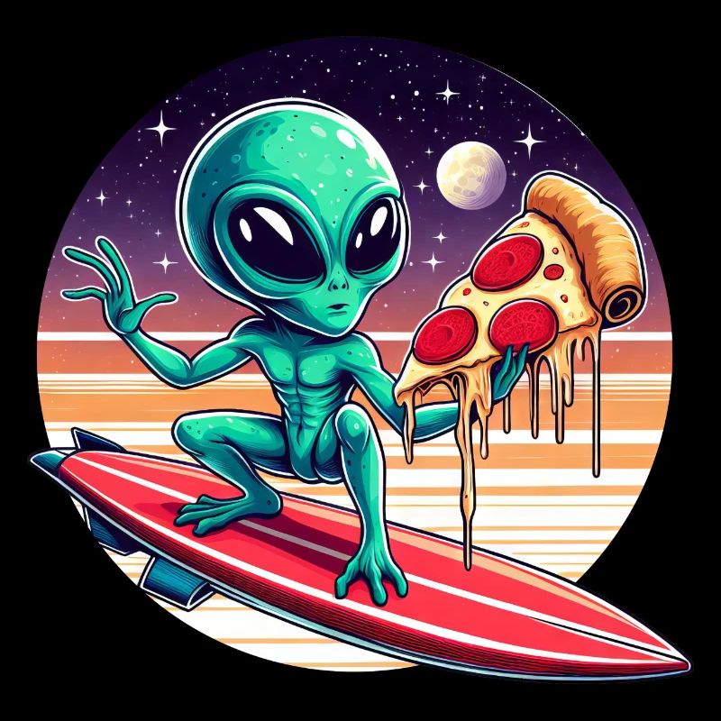 80s/90s Alien Surfer with Pizza and Rocket