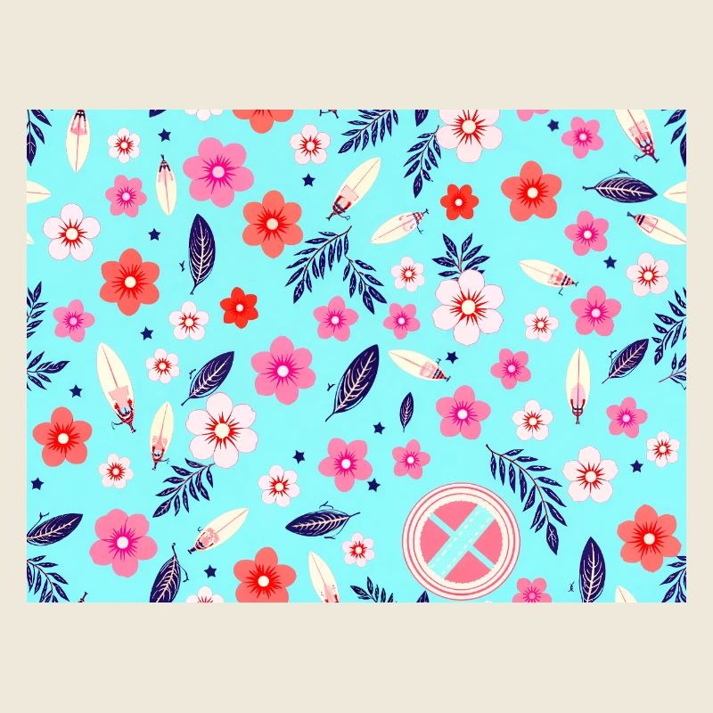 Blumenmuster mit Surfbrettern auf Himmelblau