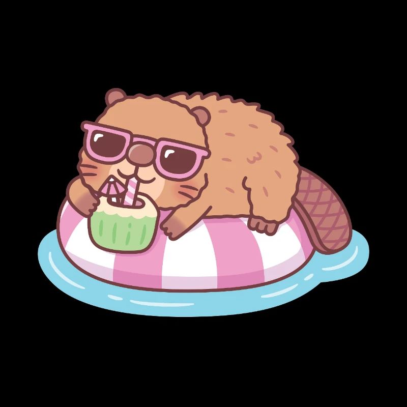 Cute Beaver Chilling On Pool Float With Coconut