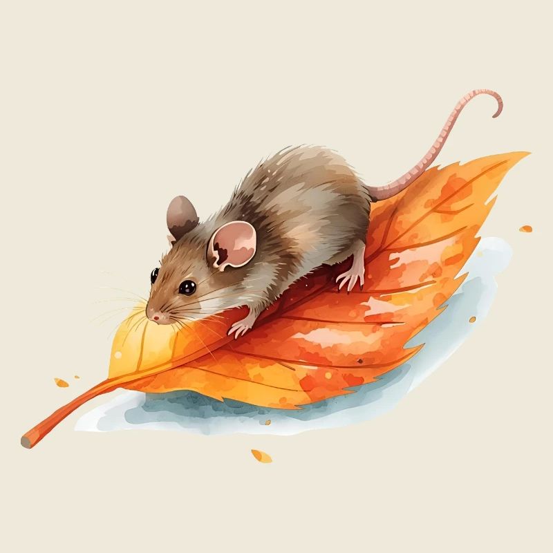 Mouse on Autumn Leaf Watercolor Motif