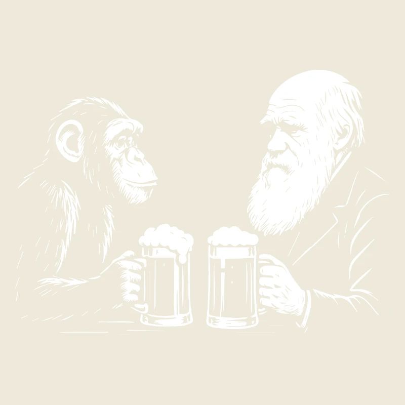 Charles Darwin is drinking beer with monkey