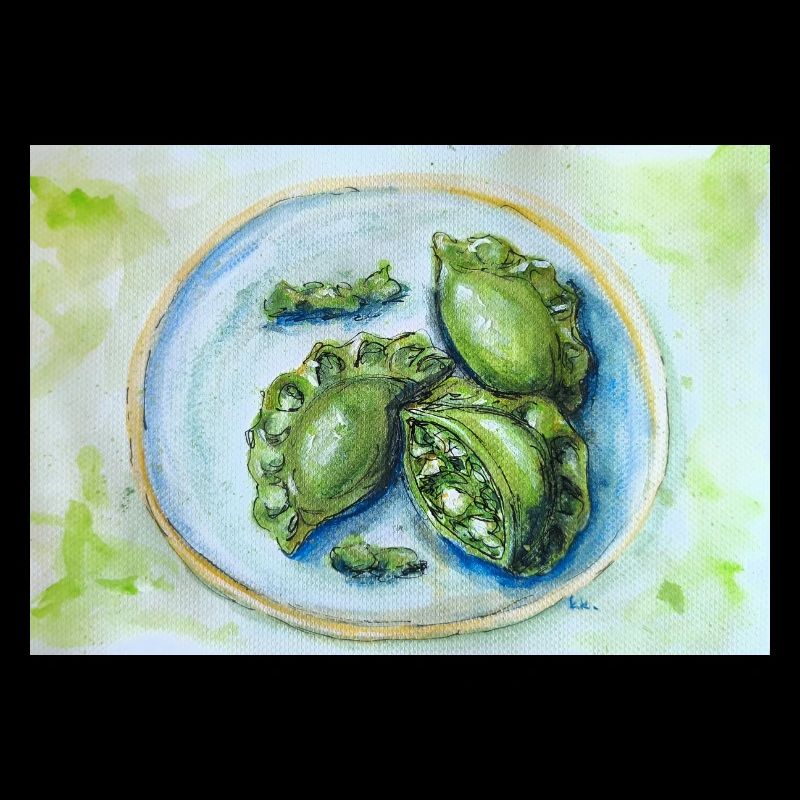 Raviolis verts éclatants : Art culinaire aquarelle