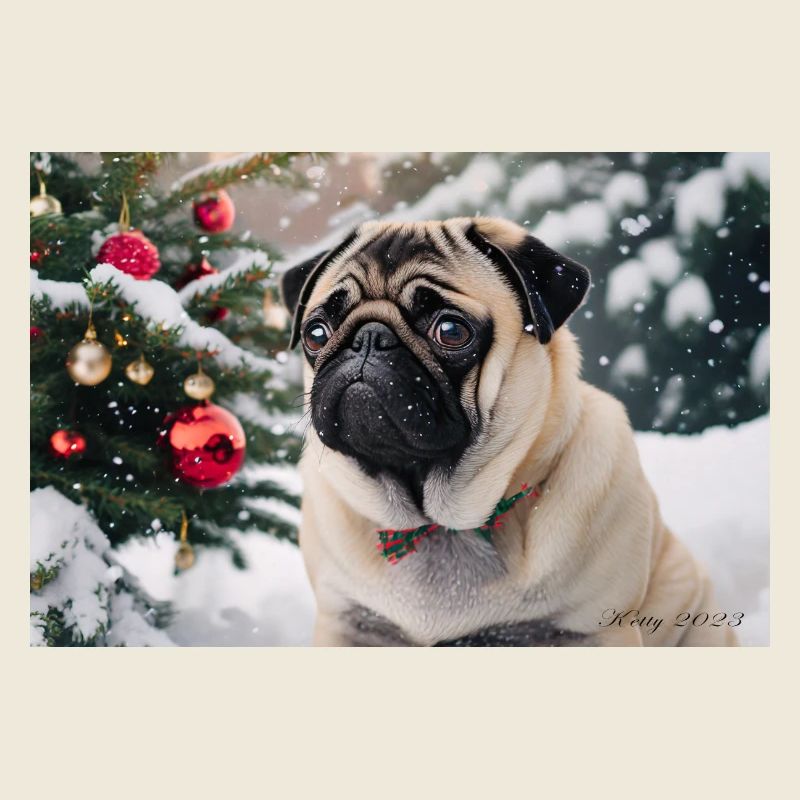 Mignon carlin devant un sapin de Noël enneigé