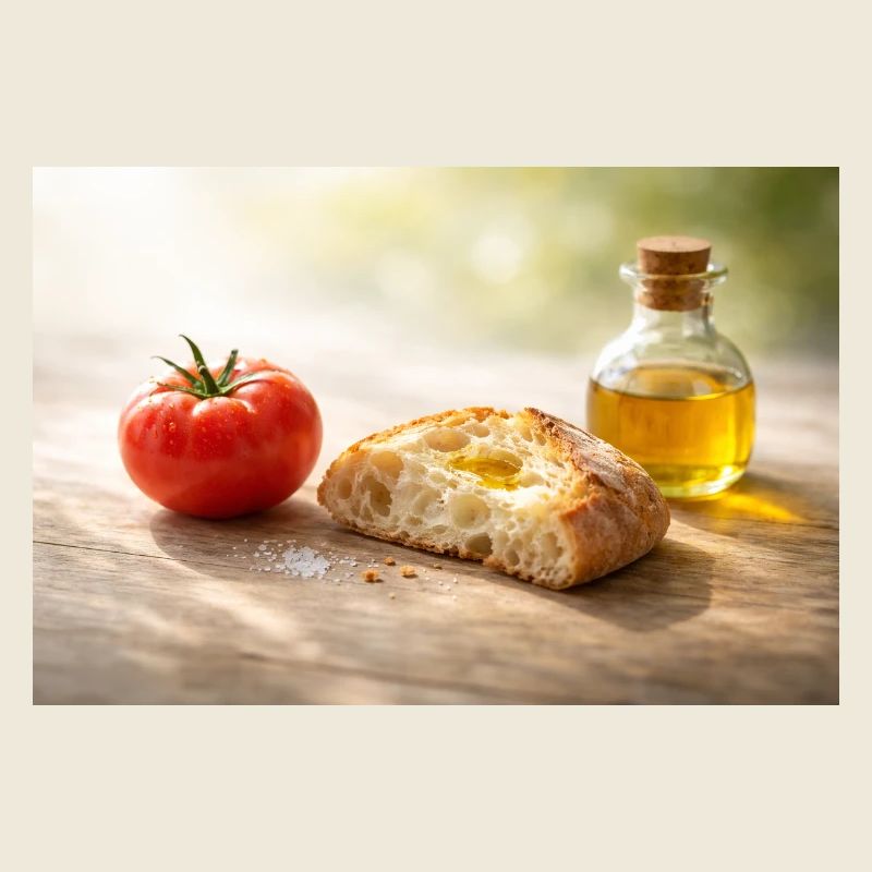 Tomato. Bread. Oil.