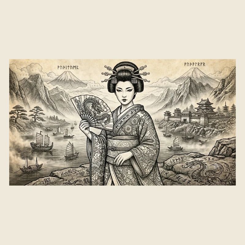 Geisha Ukiyo-e Fächer-Idylle