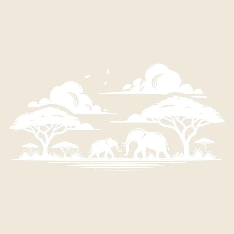 Scène de savane tranquille avec des éléphants et des acacias