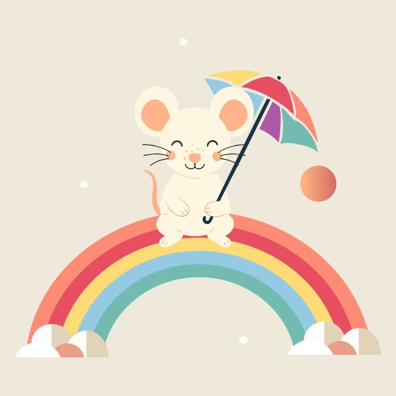 Cheerful mouse with umbrella on rainbow