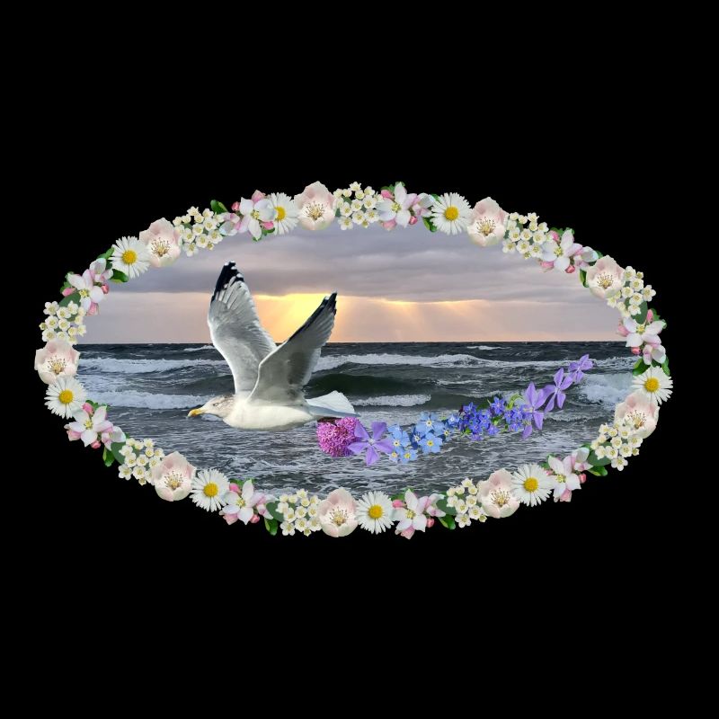 Mer fleurs art mouette coucher de soleil kitsch