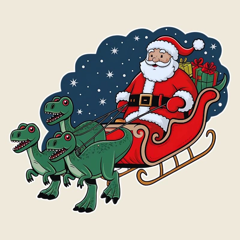 Santa Claus riding a sleigh pulled by dinosaurs