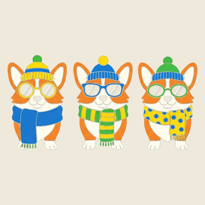Winter-Corgi-Trio mit Accessoires