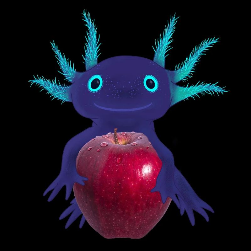 Blue Axolotl with Red Apple, Hand Drawing