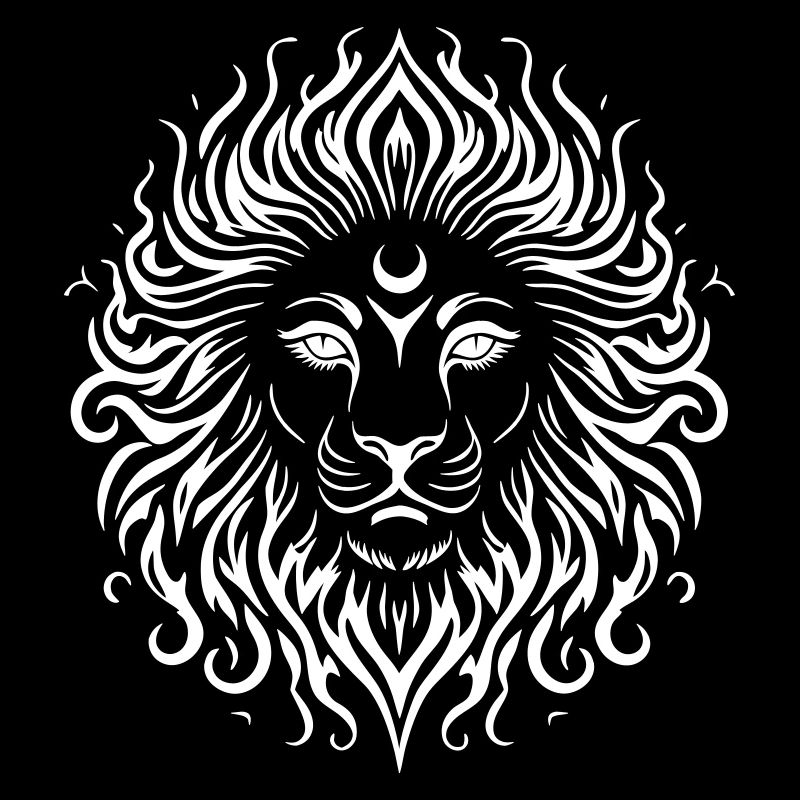 Stylized White Line Art Lion Face Sun Motif
