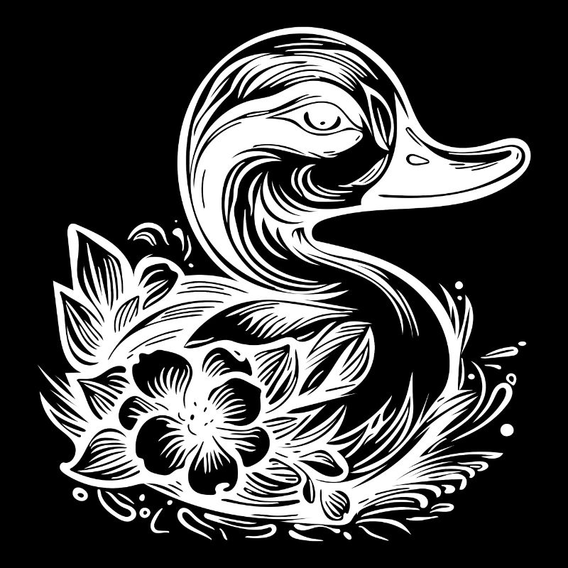 Petit canard avec des fleurs sur l’eau du lac