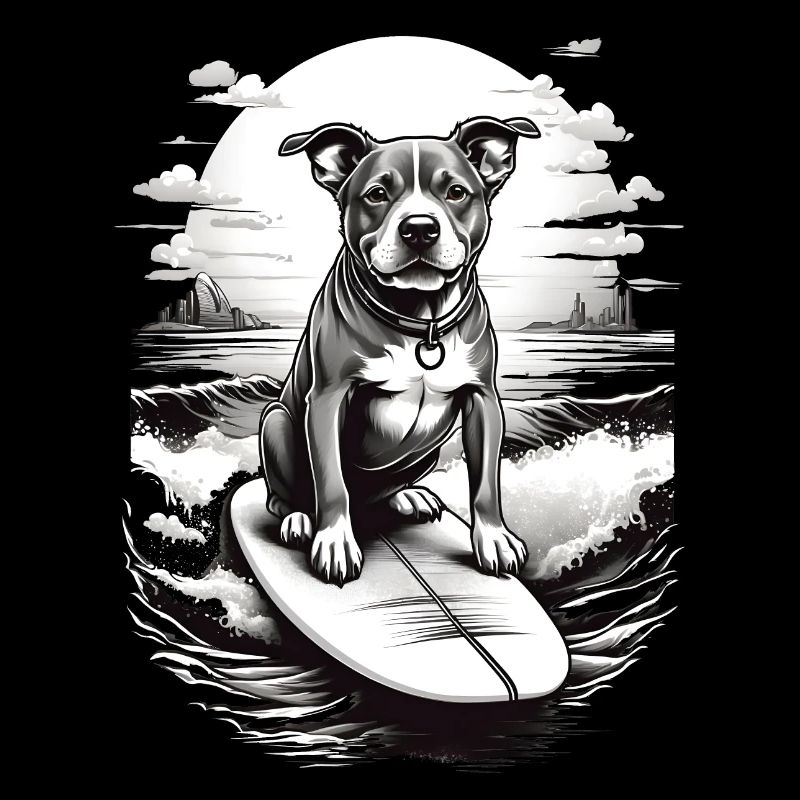 Chien surfeur en noir et blanc