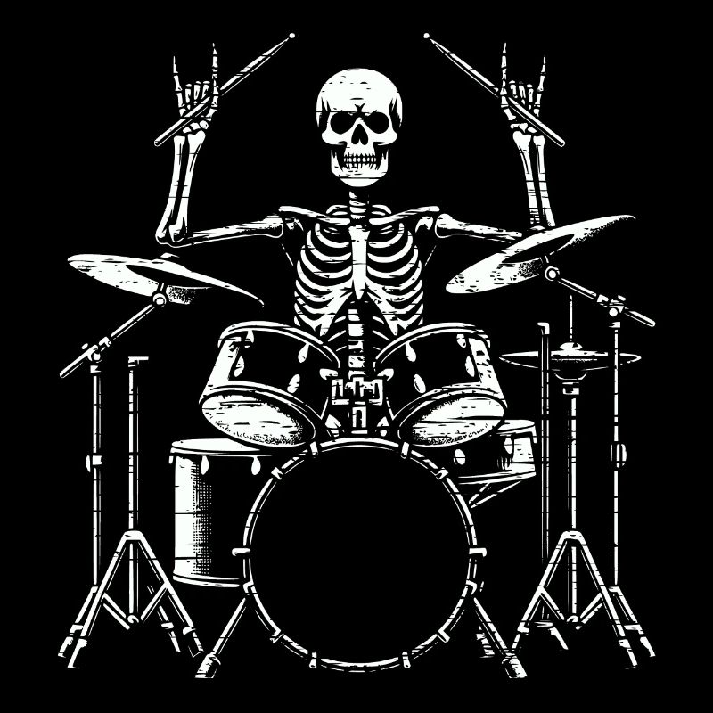 Drummer Skull skeleton on the drum set