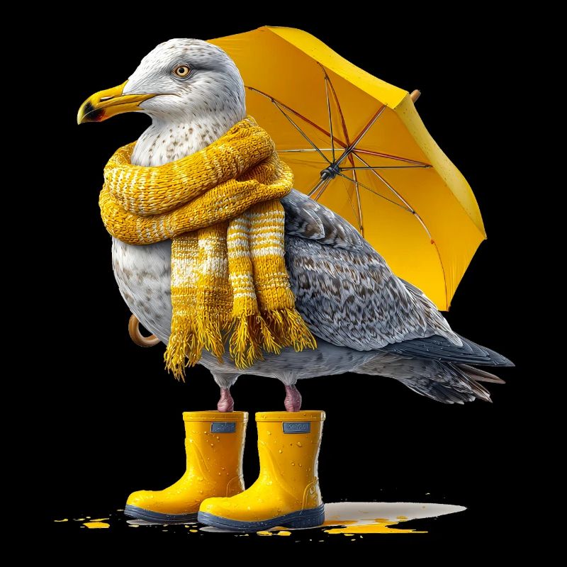 Mouette avec parapluie jaune et bottes