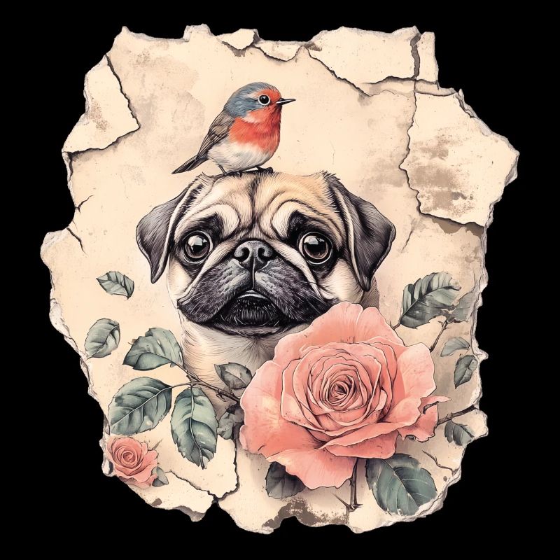 Mops mit Rotkehlchen