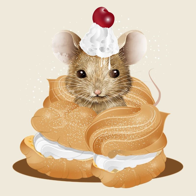 Maus mit Sahnehäubchen inmitten von Windbeuteln