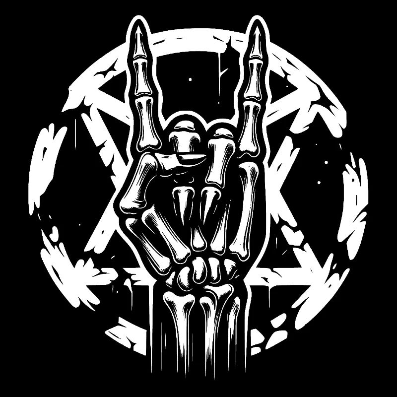 La main en os avec pentagramme fait des cornes de diable