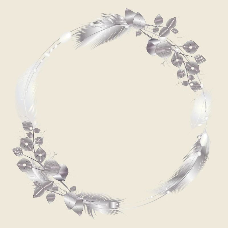 delicate frame made of silver-colored feathers & leaves