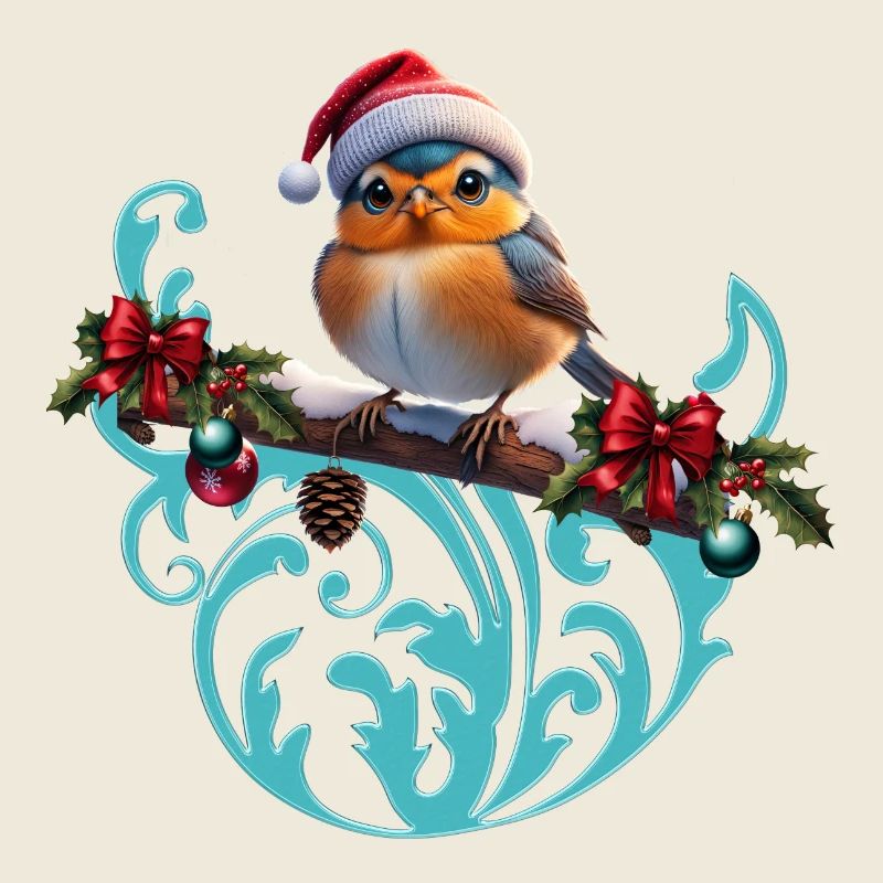 Cute Christmas bird sitting on a covered branch
