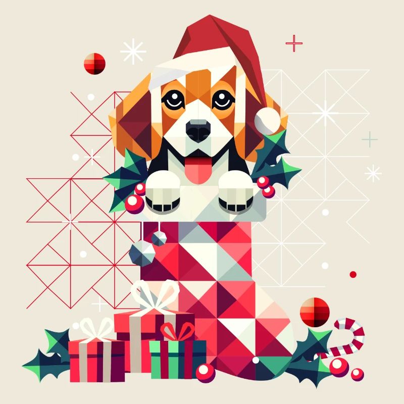 Santa Beagle in a colorful Christmas stocking