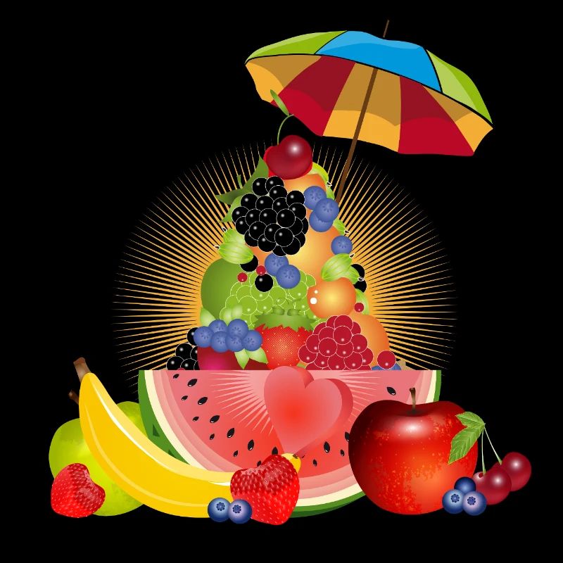 Pyramide de fruits colorée avec pastèque et parapluie
