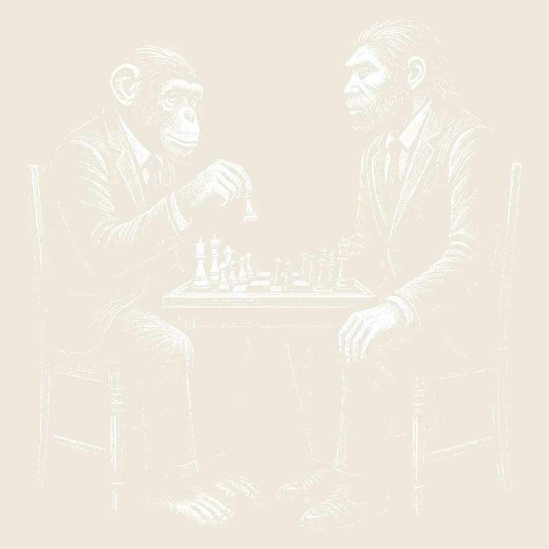 Un singe joue aux échecs avec un Homo erectus. Design amusant.