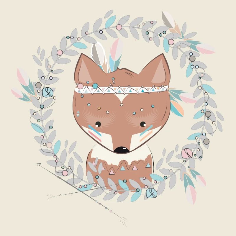 small fox with feather decoration in ethno frame