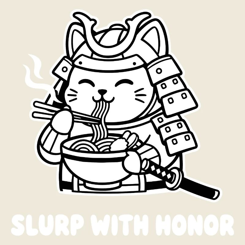 Samurai-Katze isst Nudeln