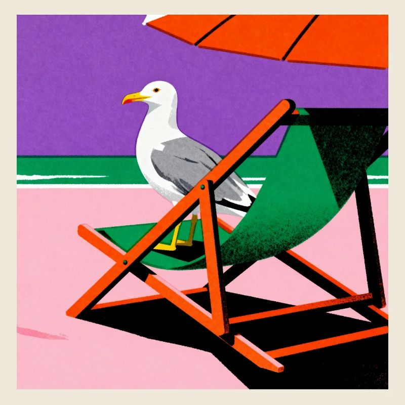 Chaise de plage colorée et mouette