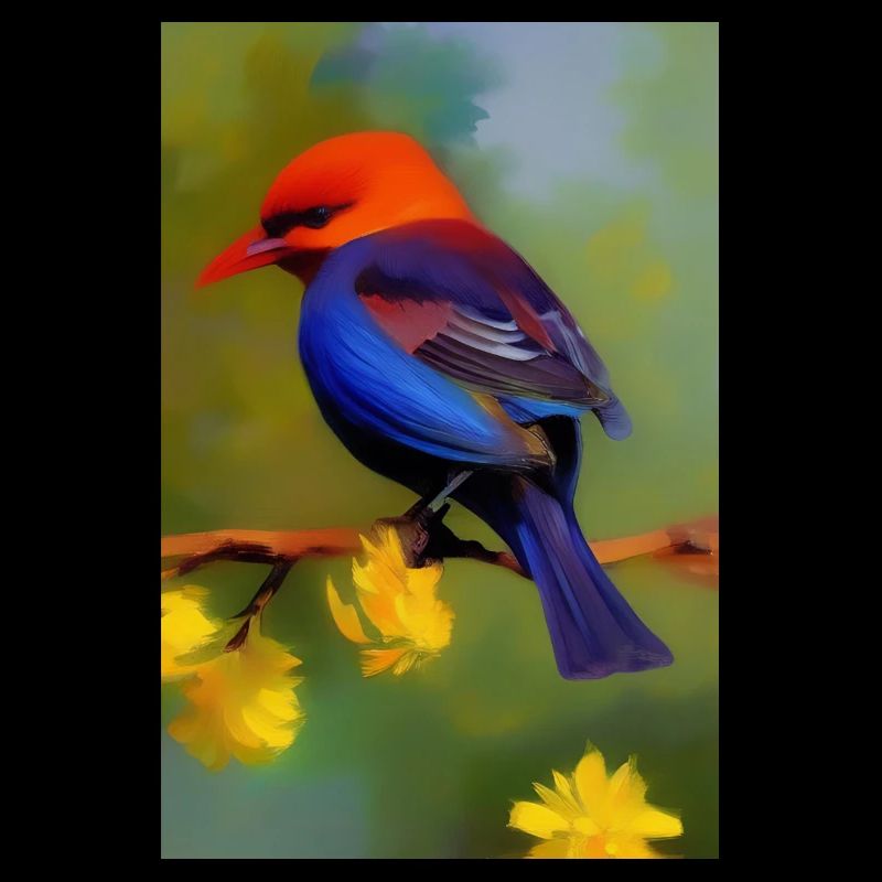 Vogel auf Ast mit Blumen Blüten