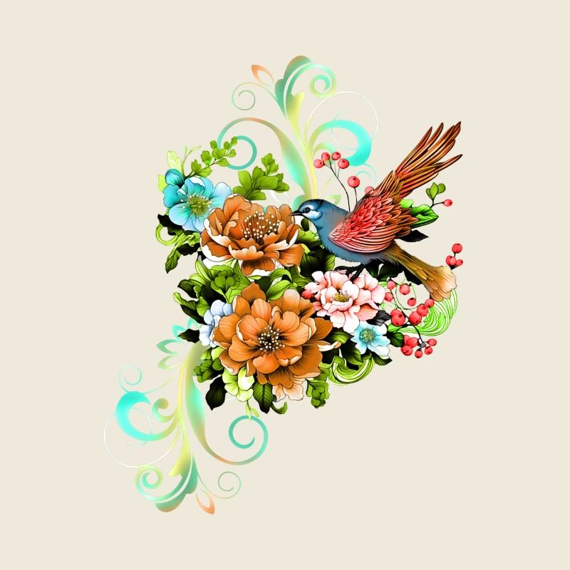 Merveilleuses fleurs élégantes avec oiseau.