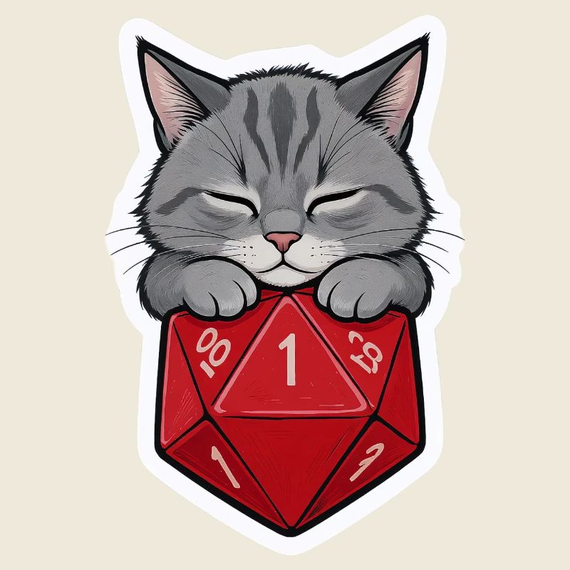 Bébé chat endormi sur D20 Cube – Dessin animé