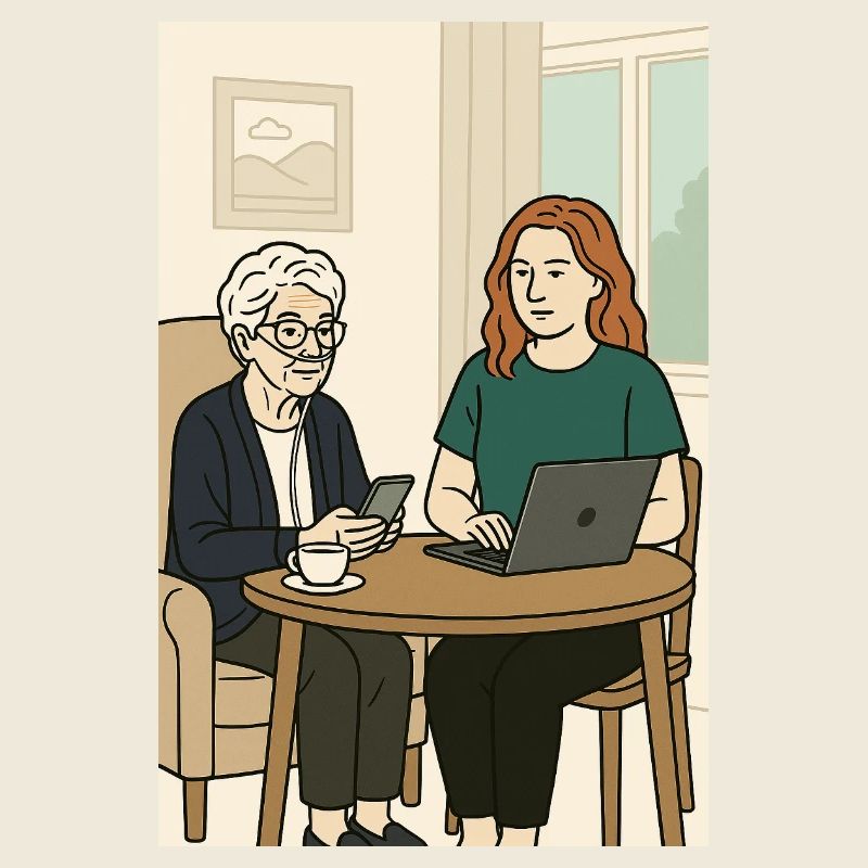 Generationen am Tisch mit Technik