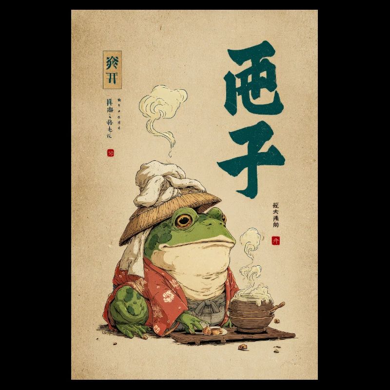 Samouraï grenouille en robe de soie avec du thé