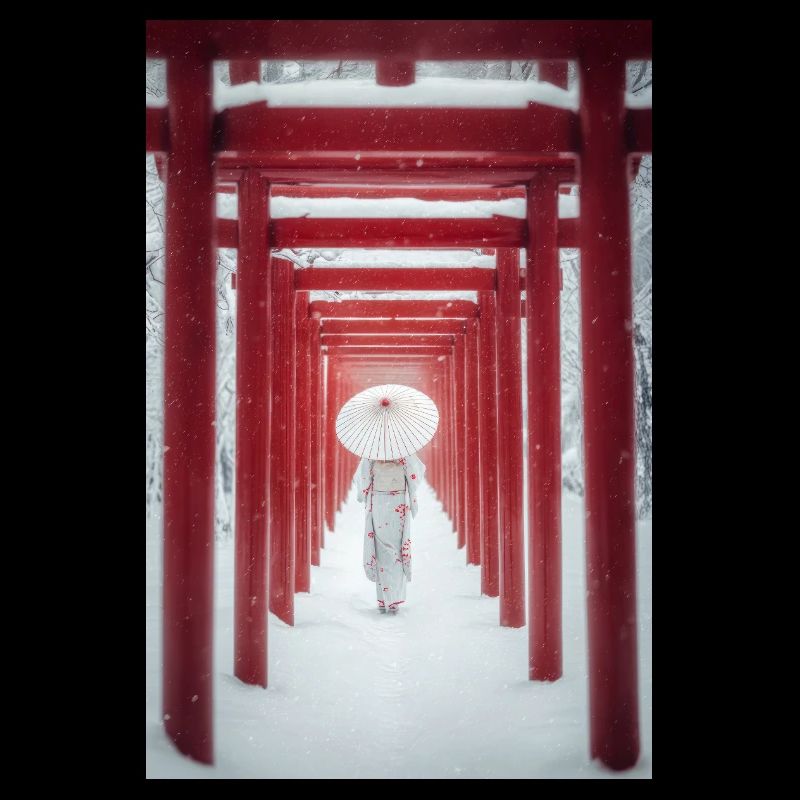 Red Torii Snowpath Kimono