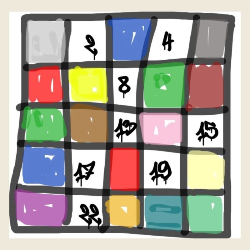 colorful square divided into squares, with numbers