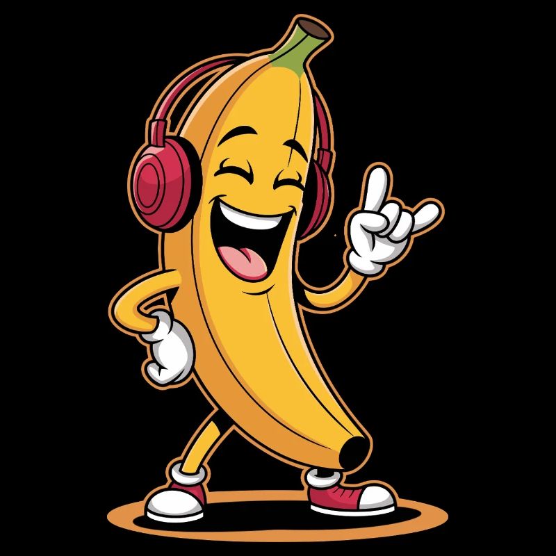 Banane joyeuse avec des écouteurs et une main de pierre