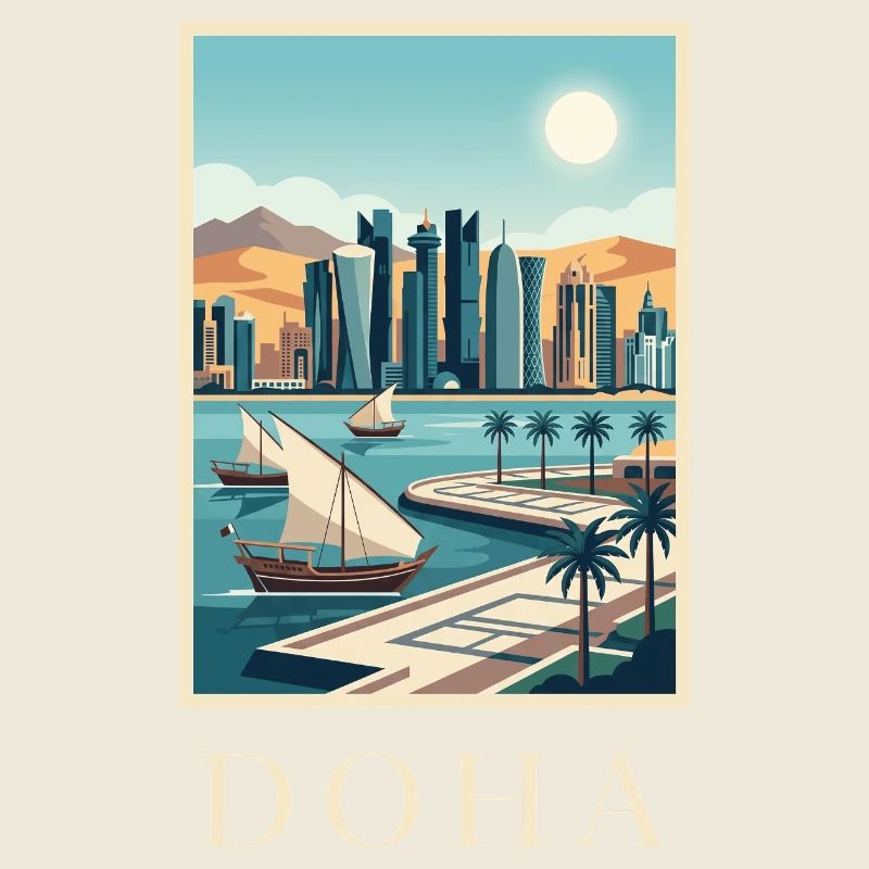 Affiche de voyage au Qatar sur le paysage urbain de Doha